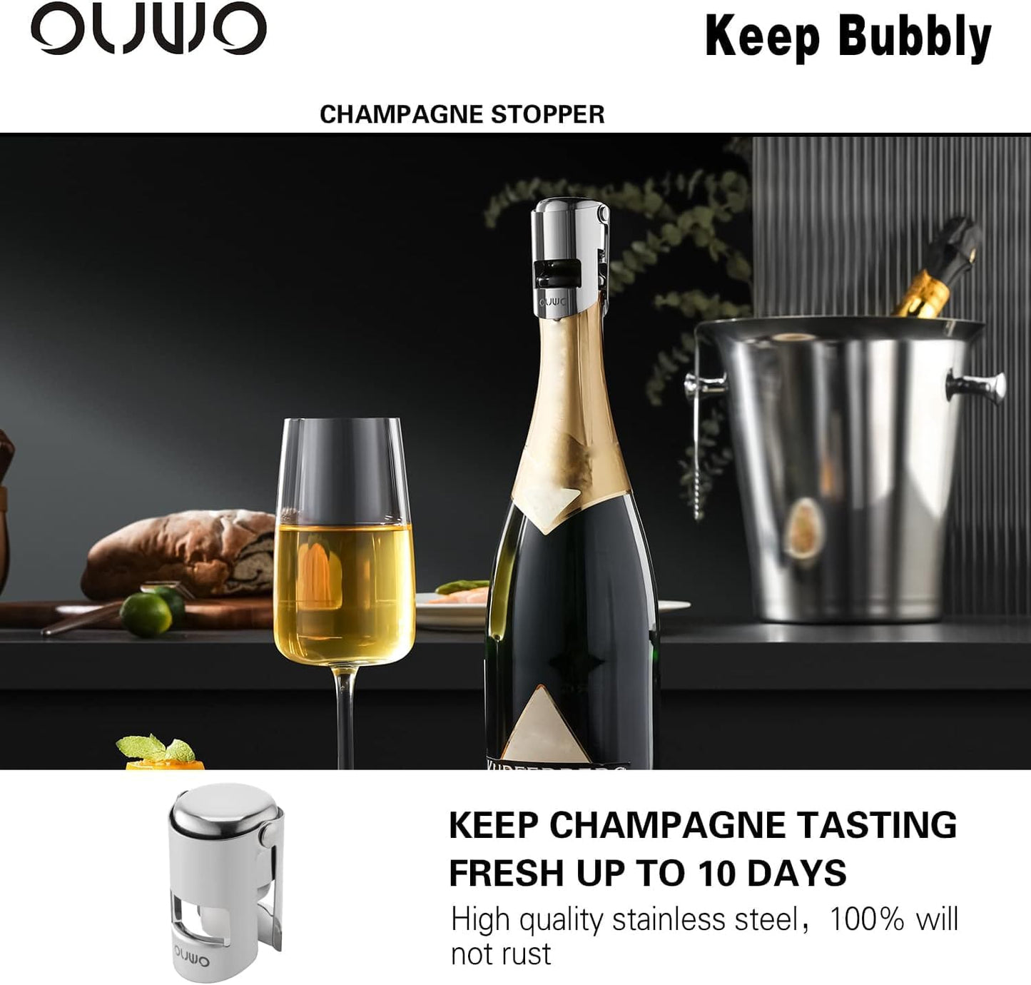 Champagne Stopper 6 Pack Stainless Steel Champagne Save with Food Grade Silicone, Leak-Proof Bubble Retaining Saver, Suitable for Champagne Prosecco Cava and Sparkling (Silver)