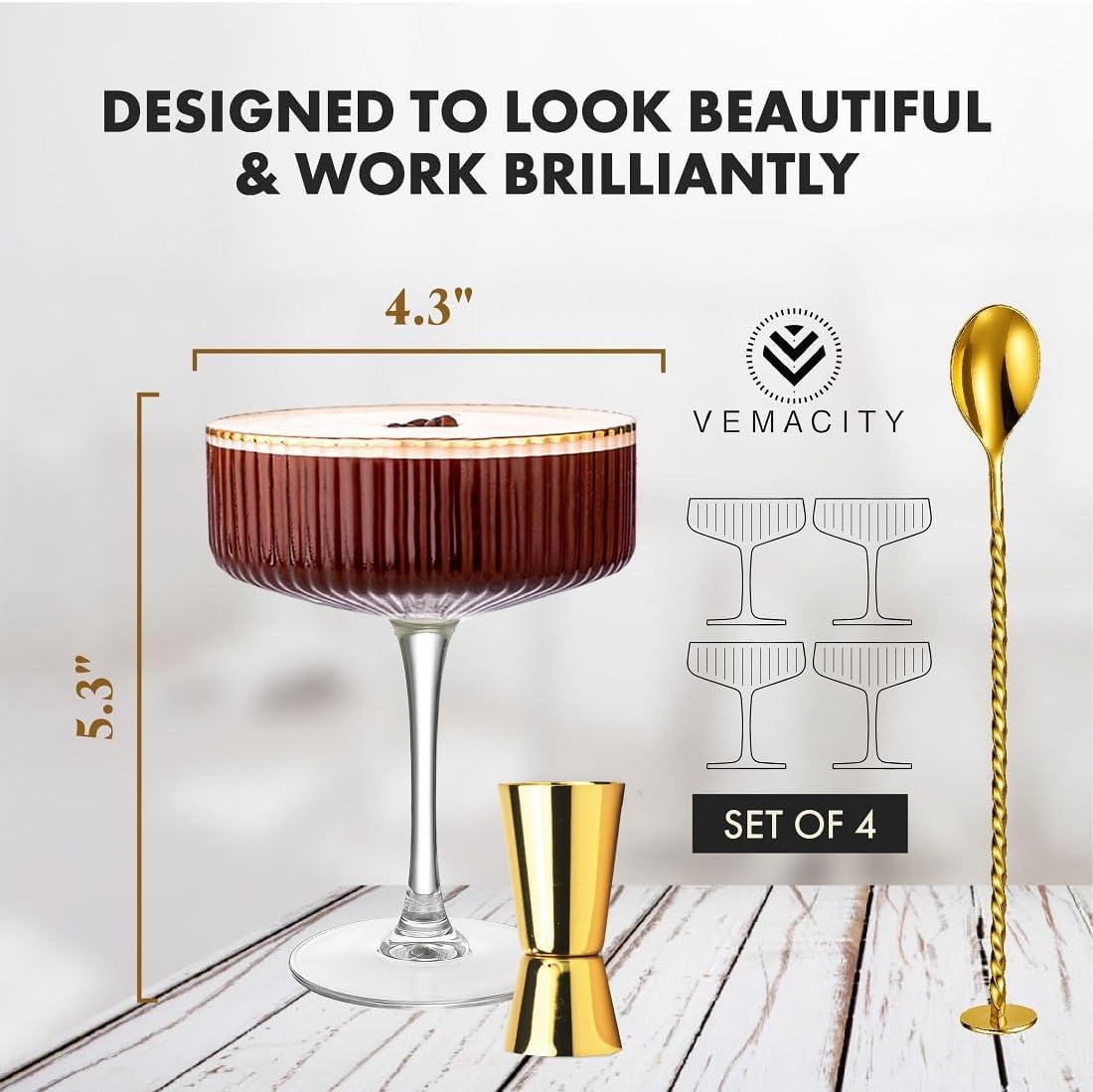 VEMACITY - Ribbed Espresso Martini Glasses Set of 4 with Gold Rims | Coupe Glasses | Vintage Cocktail Glasses for Margaritas, Champagne and More - Includes Jigger & Bar Spoon |