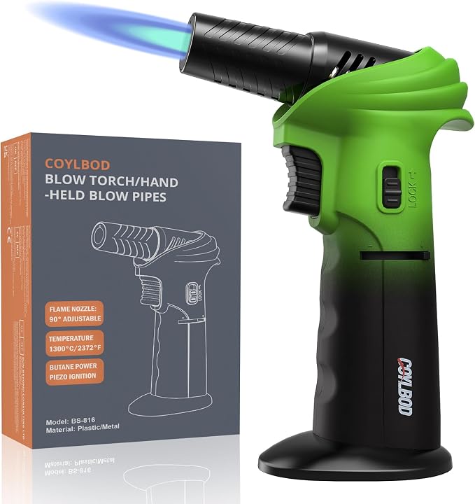 Butane Kitchen Torch, Safety Lock & 0‑90° Rotating Head for Baking - Green and Black