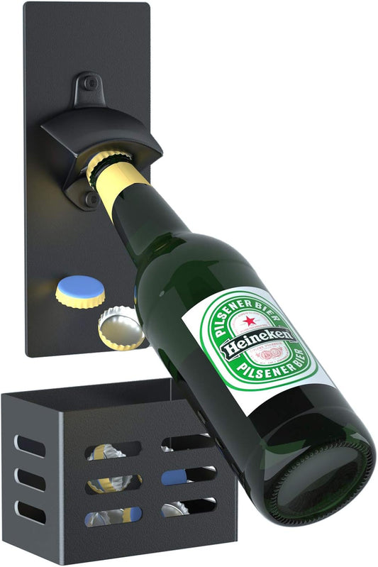 Weallbuy Magnetic Bottle Opener with Cap Catcher, Man Cave Accessories Removable Wall Mounted Beer Bottle Opener for Kitchen Fridge, Beer Gifts for Men (black)