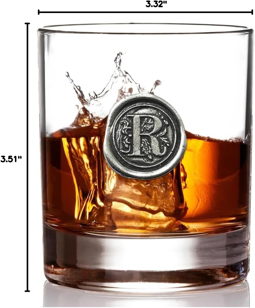 English Pewter Company 11oz Old Fashioned Whiskey Rocks Glass With Monogram Initial - Unique Gifts For Men - Personalized Gifts With Your Choice of Initial (R) MON118