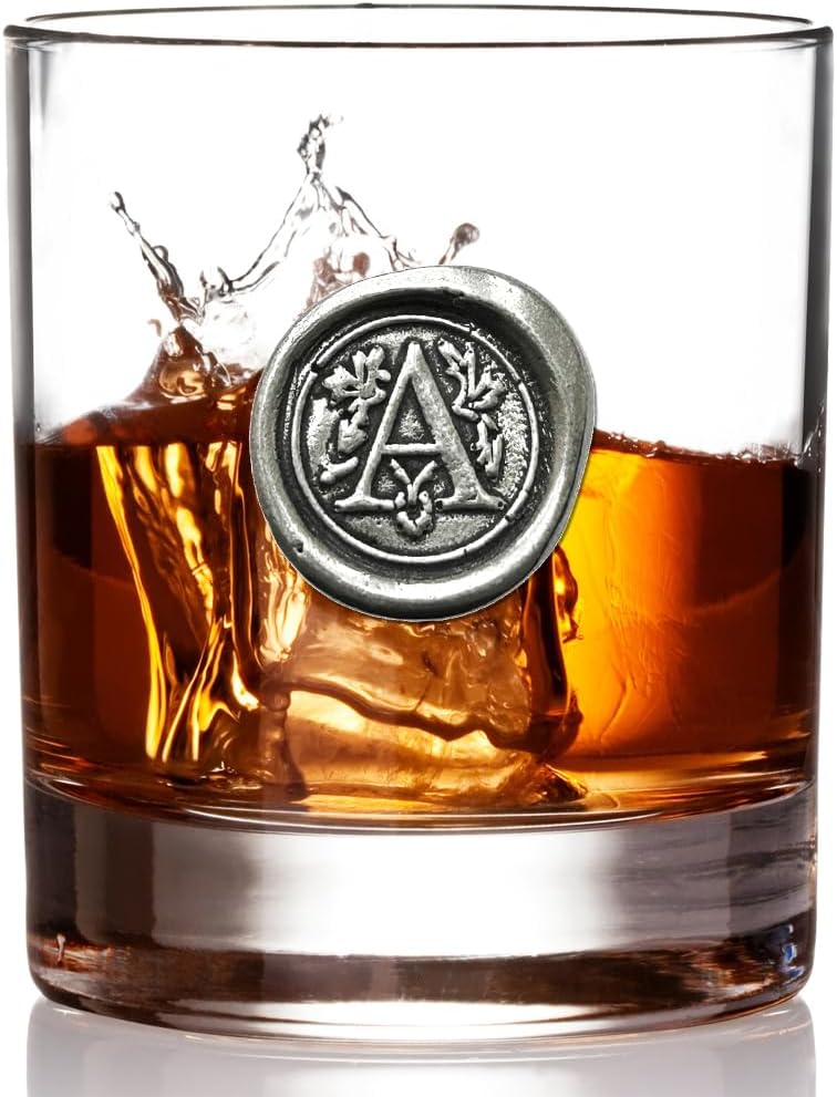English Pewter Company 11oz Old Fashioned Whiskey Rocks Glass With Monogram Initial - Unique Gifts For Men - Personalized Gifts With Your Choice of Initial (A) MON101