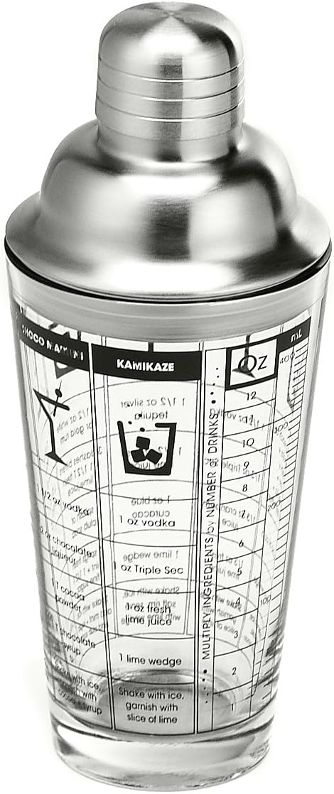 Outset Bartending Tool, Glass Cocktail Shaker With Measurements and Drink Recipes, 12oz, Stainless Steel Strainer lid