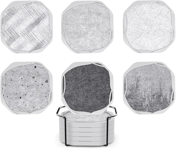 UMIRRO Absorbent Felt & Silicone Coasters Set of 6 with Holder, Blue Coast - 02. Grey Tone