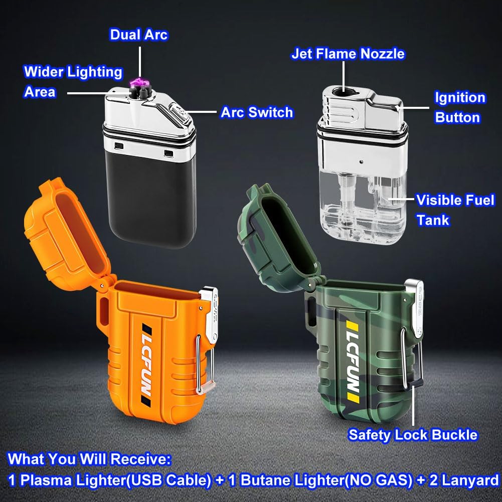 LcFun 2 Pack Waterproof Outdoor Lighter, Windproof Torch Lighters Butane Refillable, Electric Dual Arc Plasma Lighter USB Rechargeable, Tactical Survival Gear Gadgets for Men for Camping, Hiking