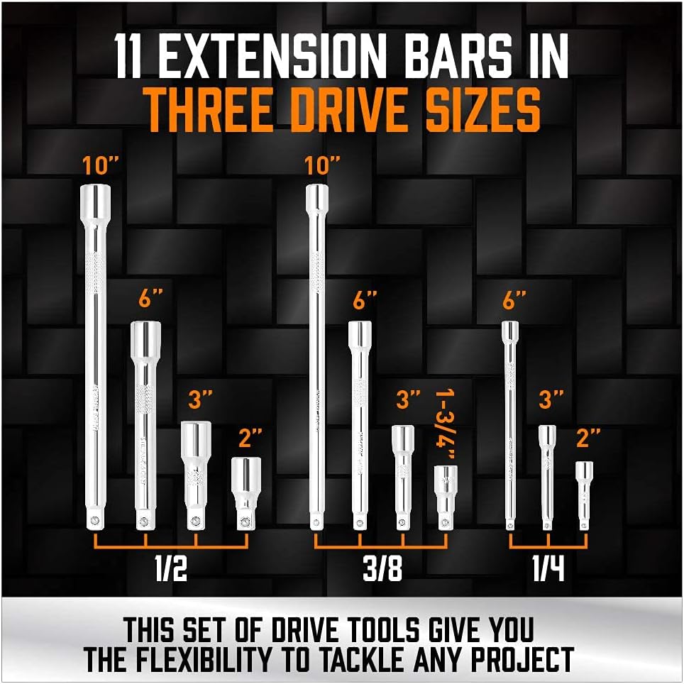 HORUSDY 20-Piece Socket Extension Bar Set, 1/4", 3/8" and 1/2" Drive Socket Extension Set, Universal Joint Socket, CR-V Steel