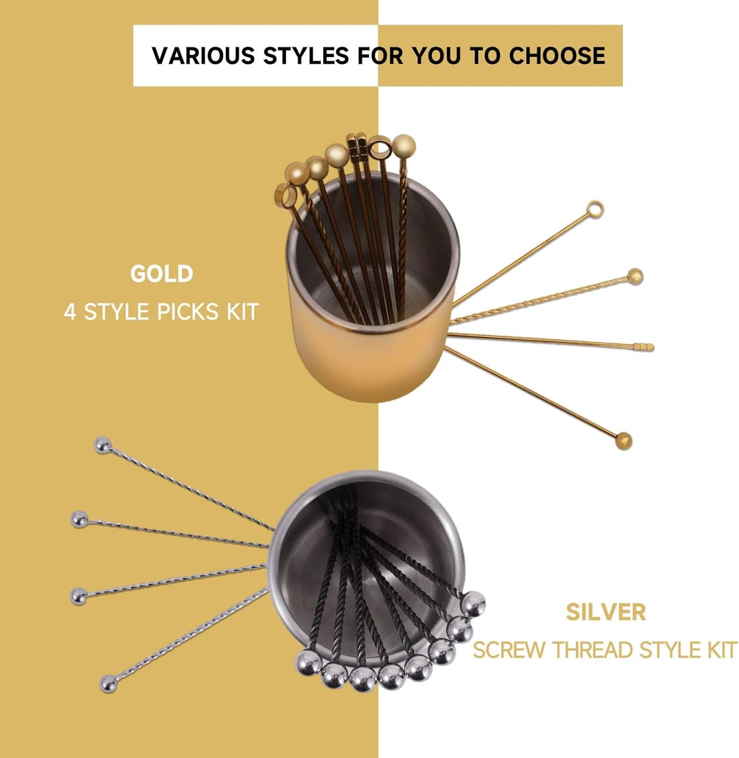 Lexenic 12-Piece Cocktail Picks Set with Holder, Premium 304 Stainless Steel Martini Skewers, Reusable Garnish Sticks for Olives, Appetizers & Fruit (12 Threads Golden)