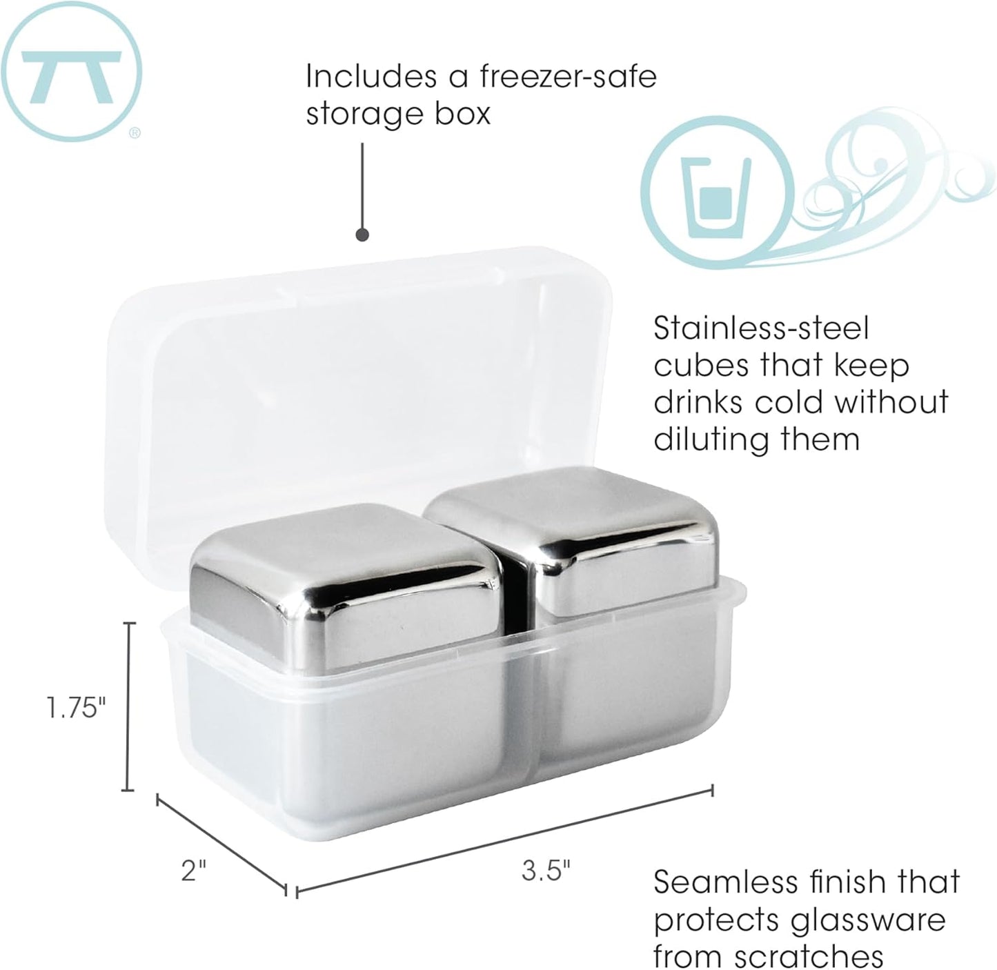 Outset Stainless Steel Ice Cubes, Set of 2 Reusable Metal Whiskey Stones with Store Box, 1.57"