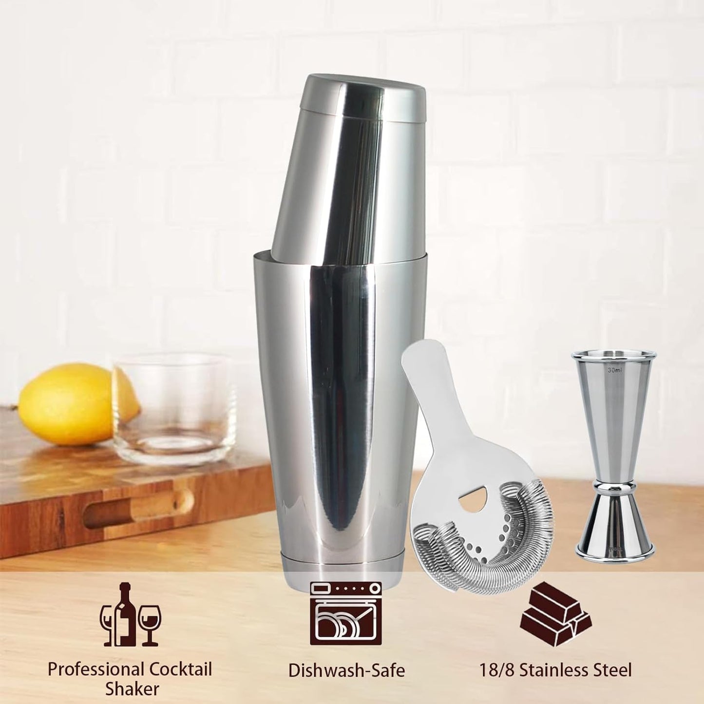 Boston Cocktail Shaker Set, 17 oz and 24 oz Stainless Steel Weighted Shaker Tins, Professional Bar Tools for Bartender, with Strainer and Measuring Cup (Silver)