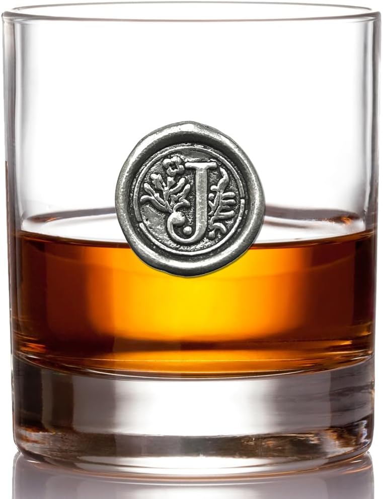 English Pewter Company 11oz Old Fashioned Whiskey Rocks Glass With Monogram Initial - Unique Gifts For Men - Personalized Gifts With Your Choice of Initial (J) MON110