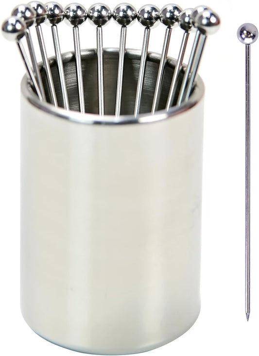 Lexenic Metal Cocktail Picks 12Pack+Holder Kit,Premium 304 Stainless Steel Reusable Appetizer Skewers Set for Sandwiches, BBQ Snacks, Cocktails. (4.3 inch)