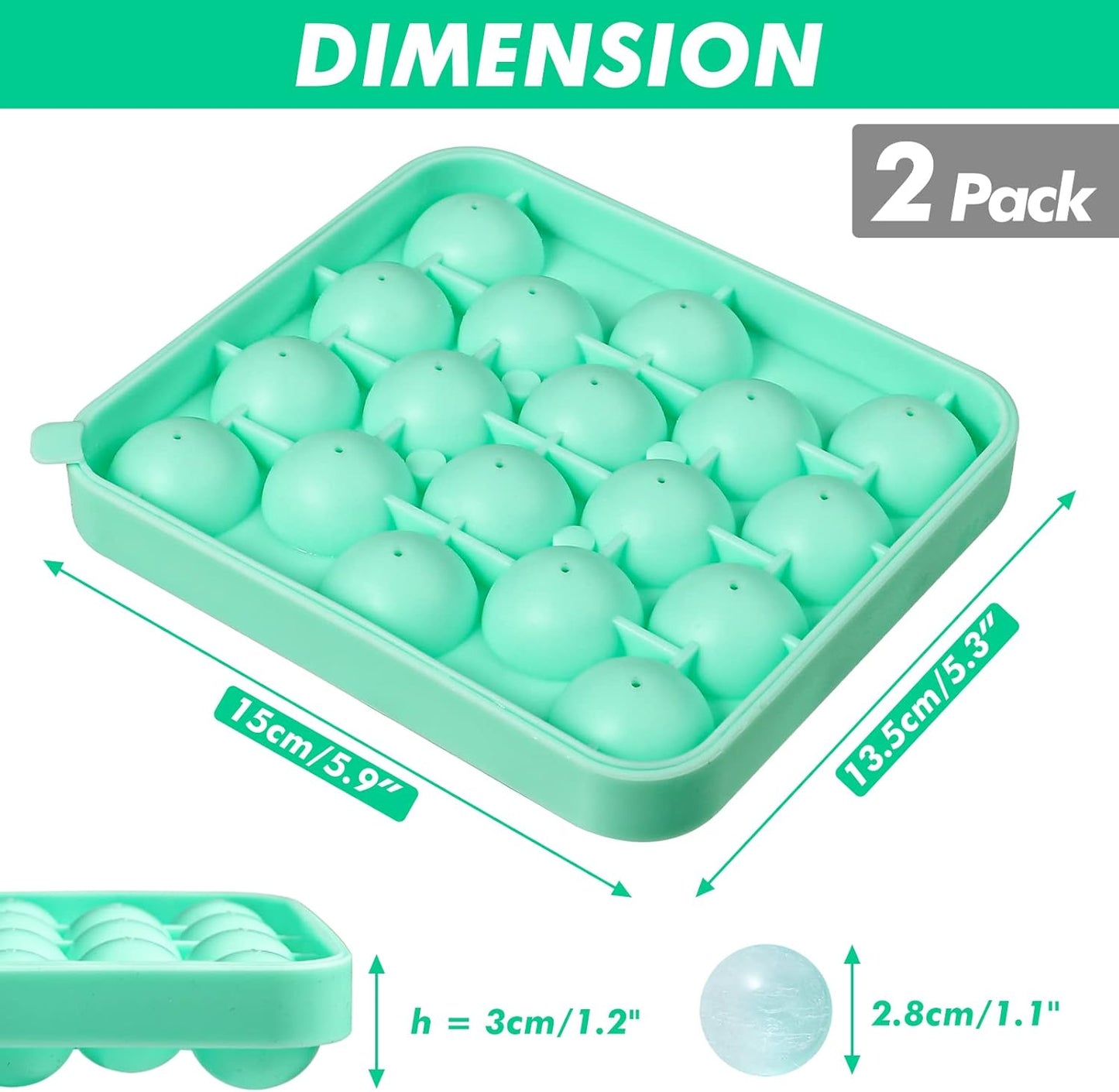 Webake 2 Pack Sphere Ice Cube Trays - 1.1" Small Round 36pcs Ice Ball Maker, Flexible Silicone Molds for Cocktails, Whiskey, Tea & Coffee - Easy Release & BPA Free (Green)