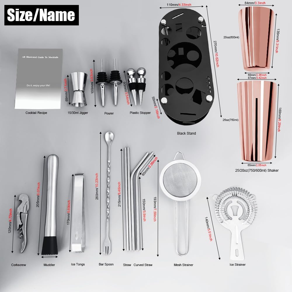 Cocktail Shaker Set Bartender Kit with Stand - 16 Piece Bar Tool Set Drink Mixer Set Includes : Shakers, Jigger, Strainer, Mixer Spoon, Muddler, Liquor Pourers, Straw (Rose Gold-25/20oz)