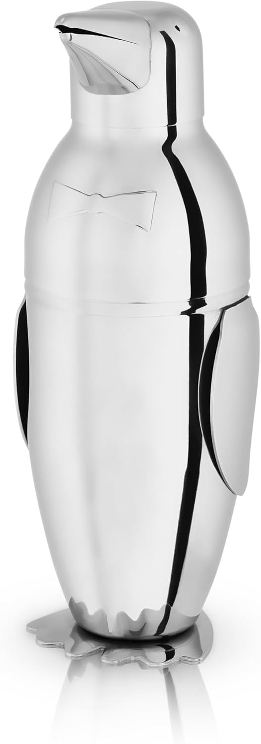 Viski Penguin Cocktail Shaker with Strainer, Stainless Steel Cobbler Shaker for Margaritas, Whiskey Sours & Other Cocktails, Penguin Gifts for Home Bar, Cocktail Party Essentials, 17 oz