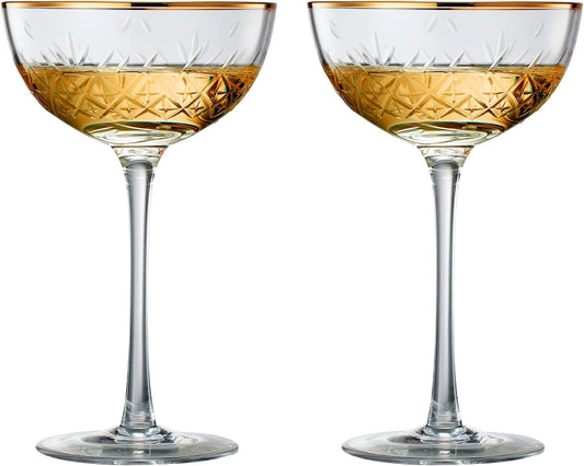 Vintage Art Deco Luxury Coupe Glasses, Cocktails, Martini, Margarita, In Premium Gift Box 24K Gold Rim | Set of 2 | 8 oz Classic Cocktail Glassware - Champagne, Manhattan, Cosmopolitan Crystal Goble