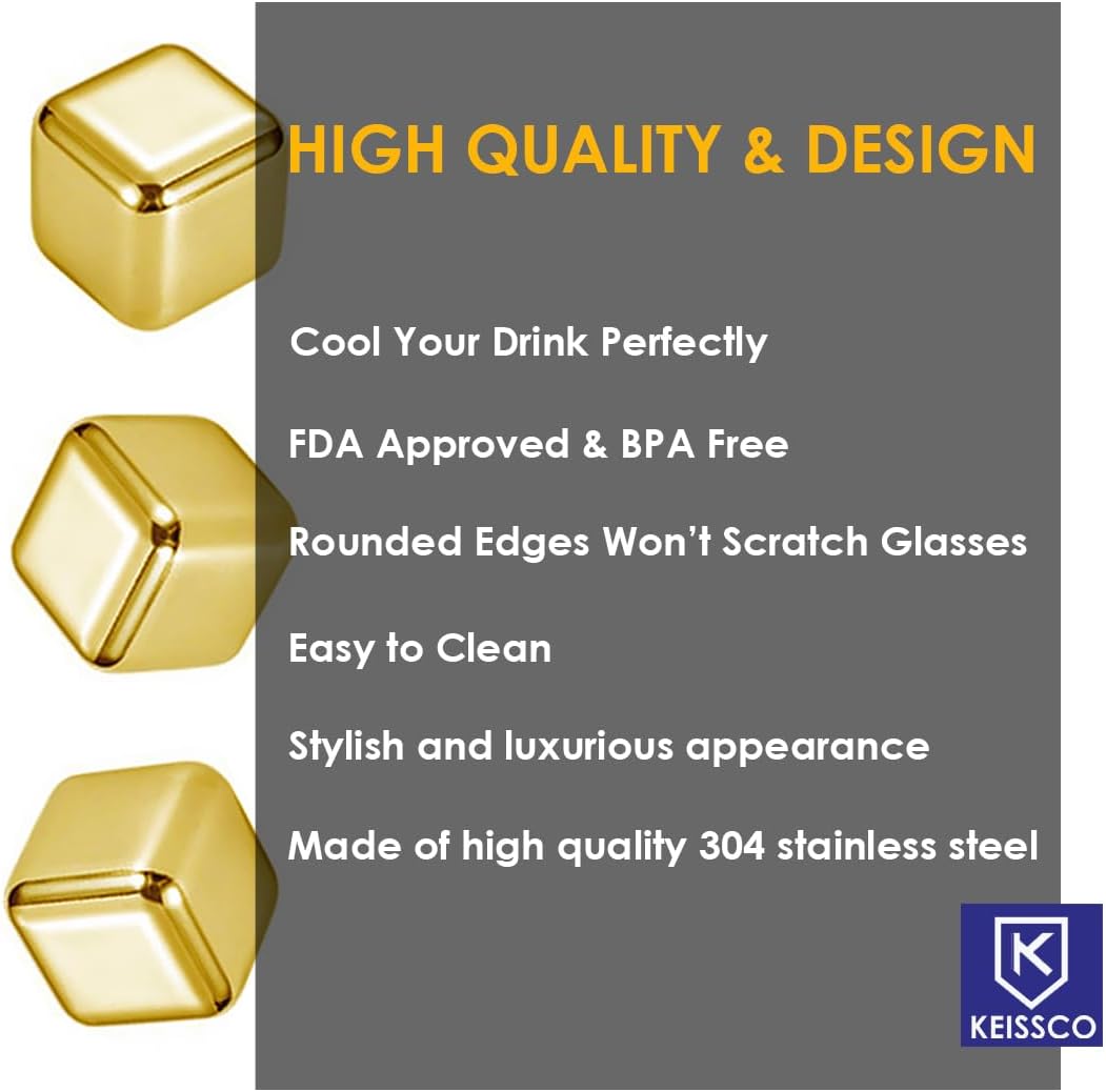 KEISSCO Stainless Steel Chilling Cubes Reusable Ice Cube Whiskey Stones for Drinks Beverage Jumbo Chilling Stones Set with Ice Tongs and Freezer Storage Tray for Whiskey, Gold Color Edition (8 Pack)