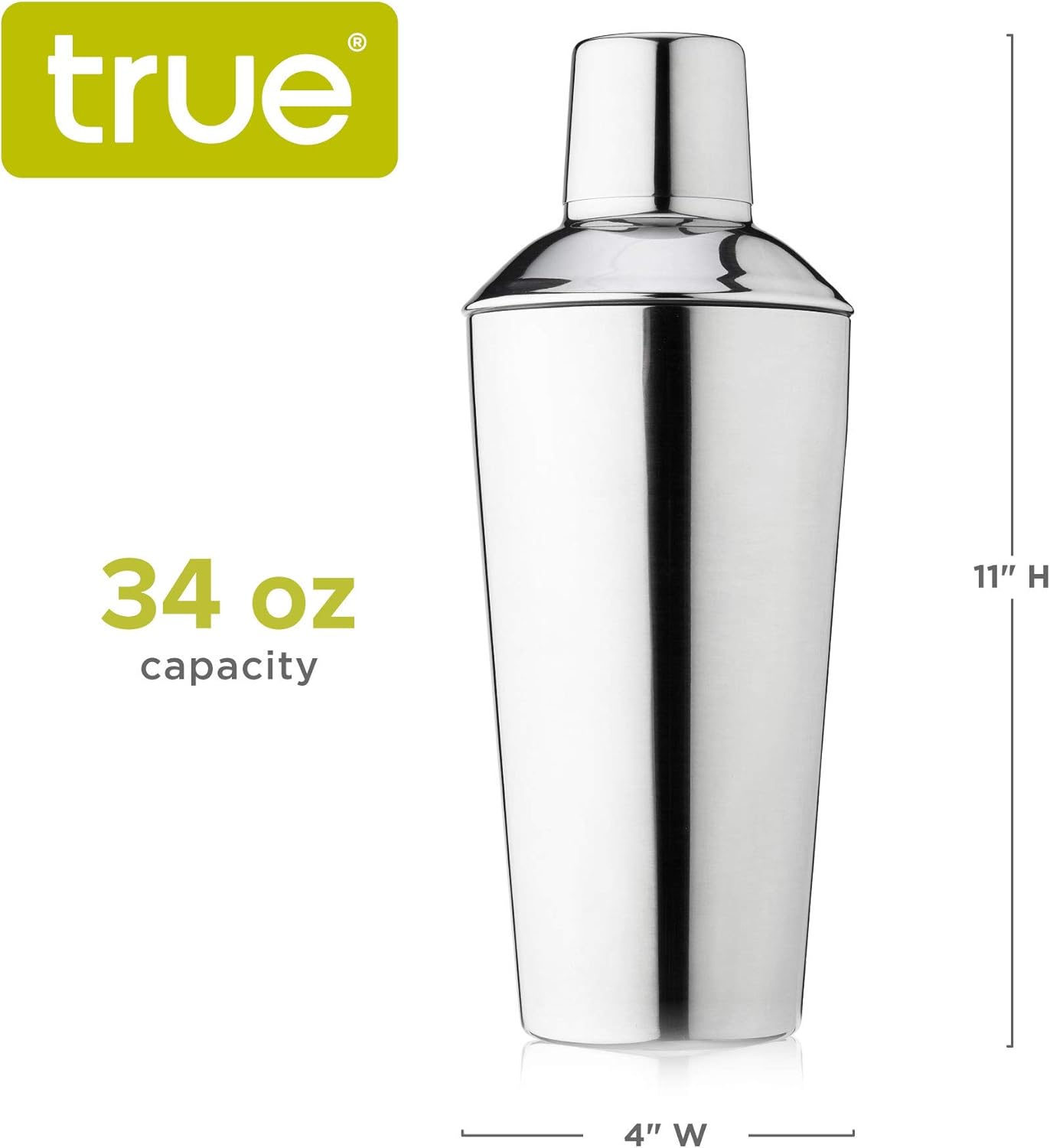 True Retro Stainless Steel Cocktail Shaker, Cold Brew Cocktails, Margarita, Whiskey Sour, Elegant Espresso Martini Shaker with Strainer and Jigger Cap, Home Bar Tools, Bartender Gifts, 34 oz, Silver