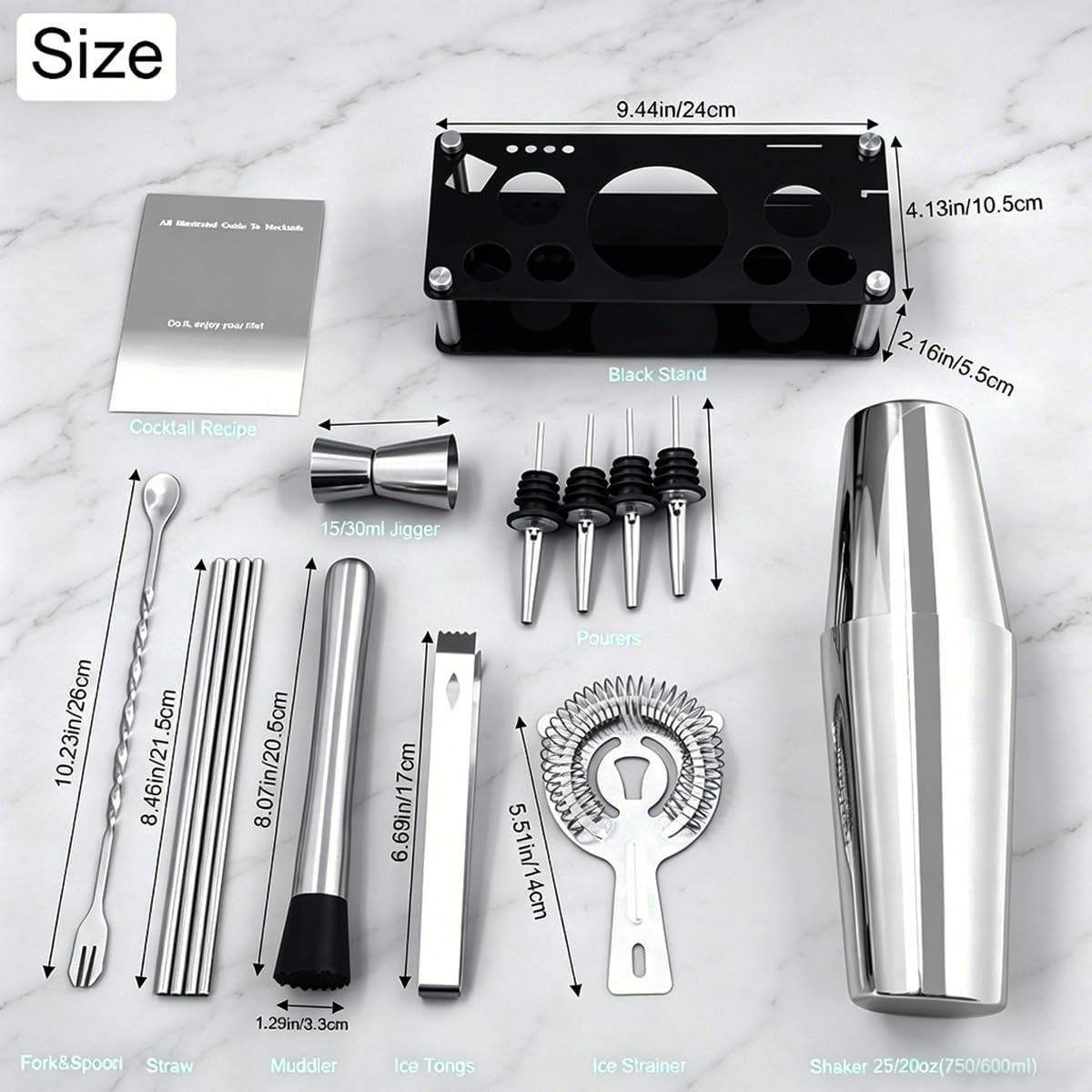 Professional Cocktail Shaker Set with Stand Cocktail Recipes, 15-Piece 750/600ml Bartender Kit, Bar Sets Bartending Kit Bar Tool Set 25/20oz Boston Shakers, Jigger, Muddler (Silver)