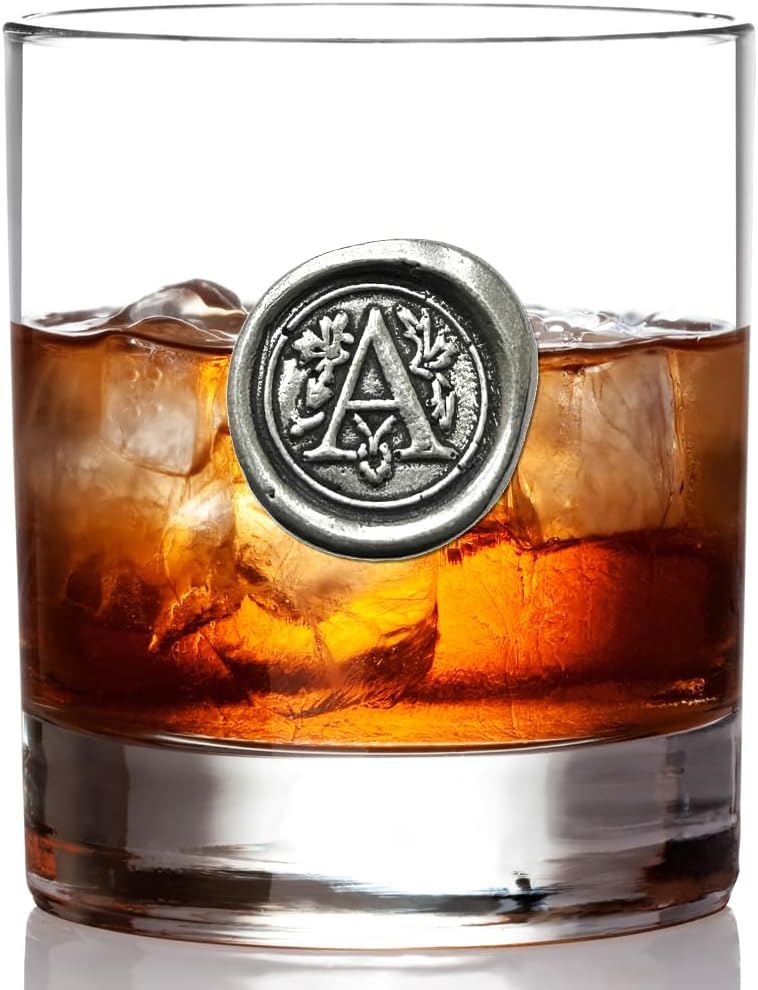English Pewter Company 11oz Old Fashioned Whiskey Rocks Glass With Monogram Initial - Unique Gifts For Men - Personalized Gifts With Your Choice of Initial (A) MON101