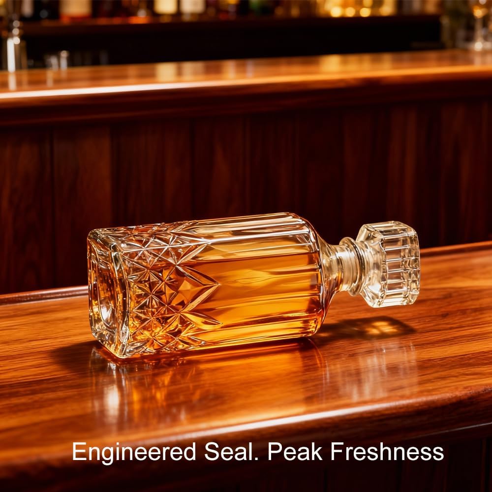 Whiskey Decanter with Airtight Geometric Stopper,32oz Liquor Decanter,Glass Decanter,Diaphanous Liquor Bottle,Decanter with Airtight Lid for Whiskey,Vodka,Bourbon,Scotch,Brandy,Wine