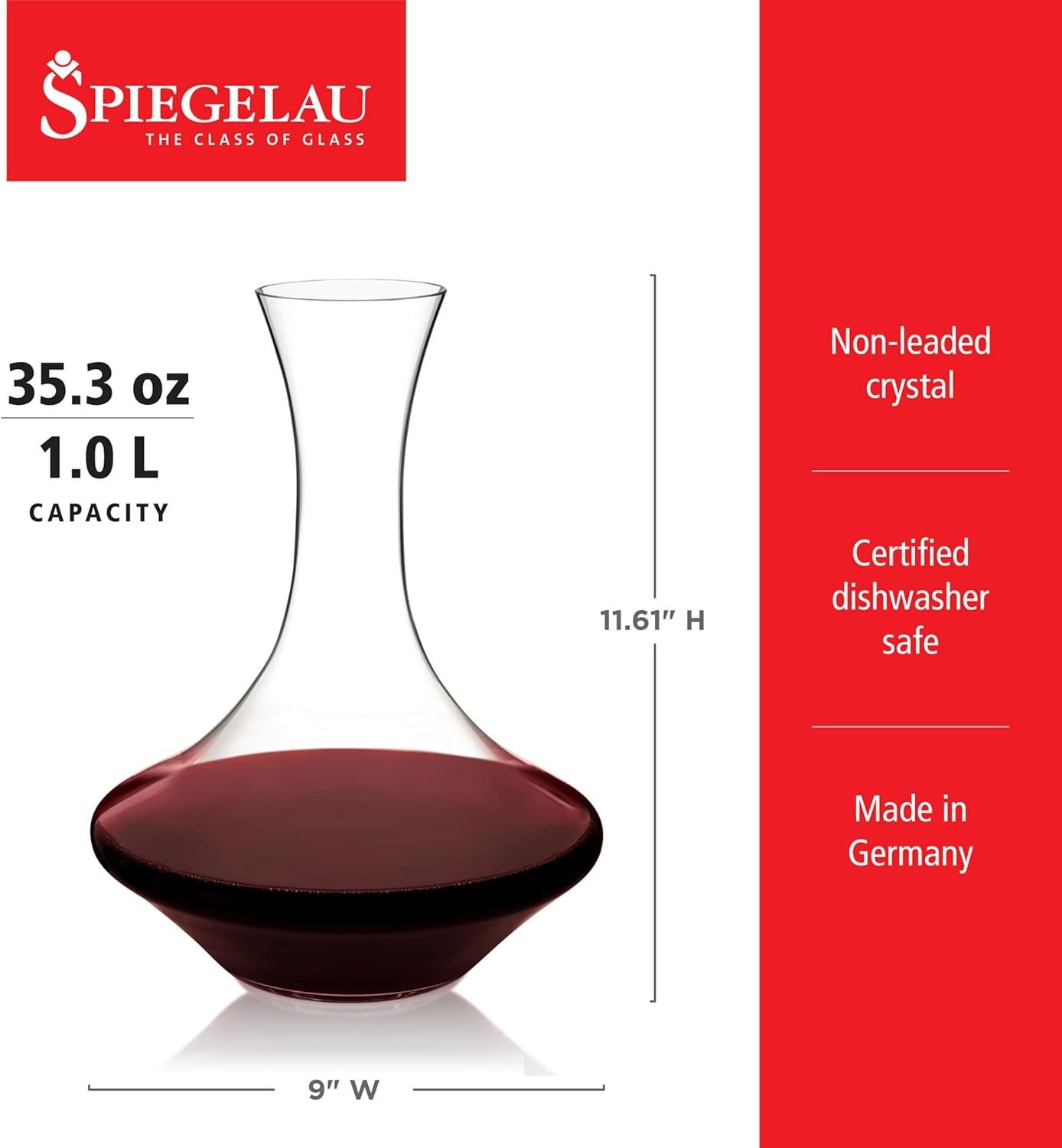 Spiegelau Authentis Crystal Wine Decanter, Modern Carafe for Red and White Wine, Elegant Glass Pitcher for Wedding Gifts, Housewarming, Home Bar Accessories, 35.3 oz (1 Liter), Set of 1