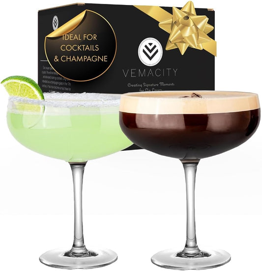 VEMACITY - Elegant Handblown Coupe Cocktail Glasses Set of 2 (10oz) - Crystal Espresso Martini Glasses, Champagne Saucers - Vintage Glassware | Wedding Gift | Ideal for Martinis and Margaritas - 2 x Martini Coupe Glasses