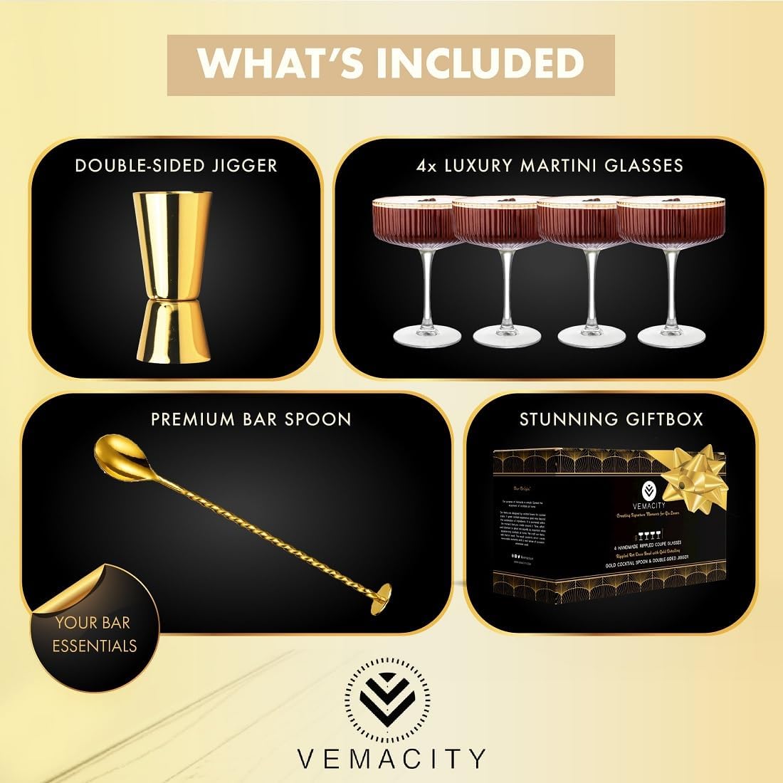 VEMACITY - Ribbed Espresso Martini Glasses Set of 4 with Gold Rims | Coupe Glasses | Vintage Cocktail Glasses for Margaritas, Champagne and More - Includes Jigger & Bar Spoon |