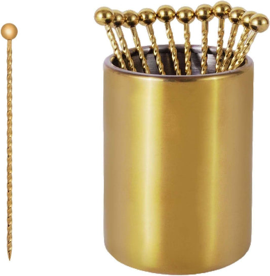Lexenic 12-Piece Cocktail Picks Set with Holder, Premium 304 Stainless Steel Martini Skewers, Reusable Garnish Sticks for Olives, Appetizers & Fruit (12 Threads Golden)
