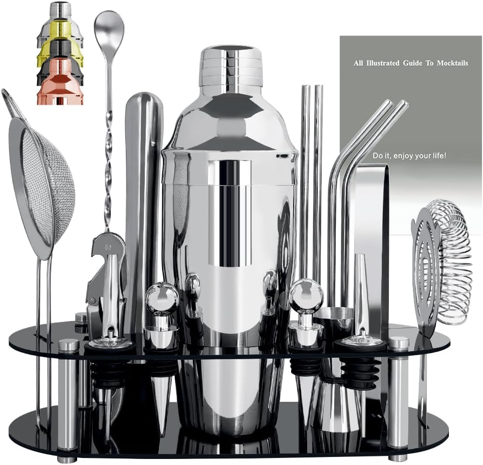 Cocktail Shaker Set Bartender Kit with Stand - 16 Piece Bar Tool Set Drink Mixer Set Includes : 25oz Shakers, Jigger, Strainer, Mixer Spoon, Muddler, Liquor Pourers, Straw (Silver)