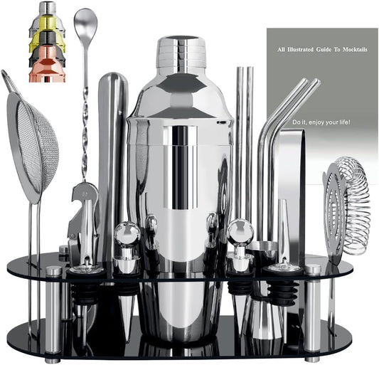 Cocktail Shaker Set Bartender Kit with Stand - 16 Piece Bar Tool Set Drink Mixer Set Includes : 25oz Shakers, Jigger, Strainer, Mixer Spoon, Muddler, Liquor Pourers, Straw (Silver)