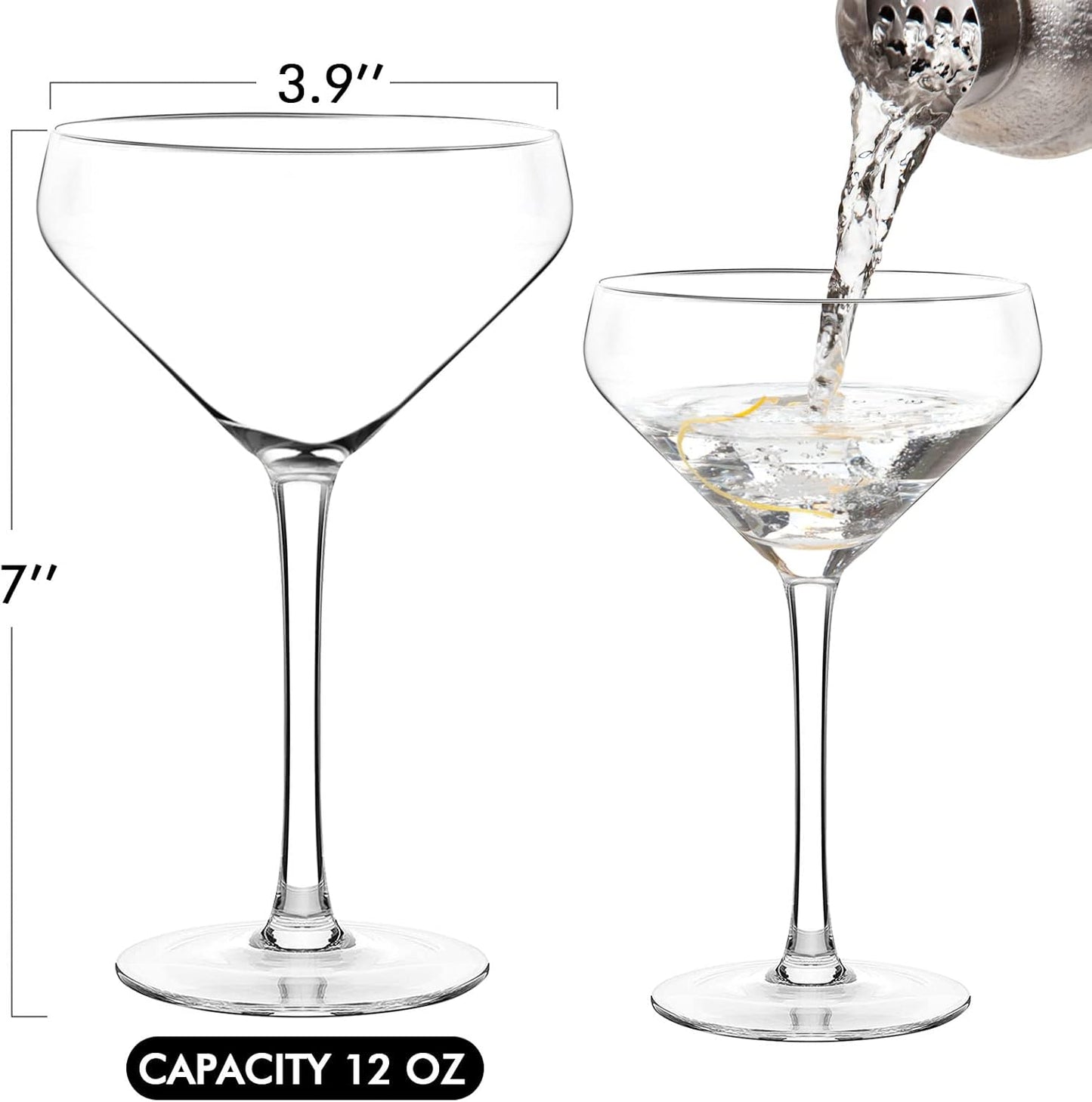 Chouggo Coupe Cocktail Glasses Set of 4, Hand Blown Premium Crystal Martini Glasses for Bar, Martini, Cosmopolitan, Manhattan, Gimlet, Pisco Sour - 12Oz, Clear