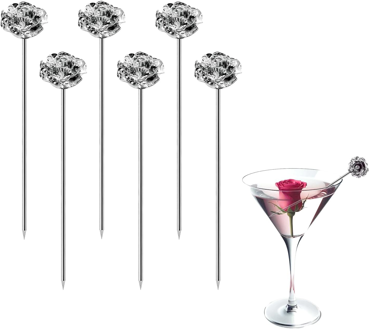 Rose Cocktail Picks for Drinks 4 Inch Stainless Steel Reusable Martini Picks Cocktail Garnish Skewers for Olive, Twist, Berry, Beach Style Decor 6-Piece
