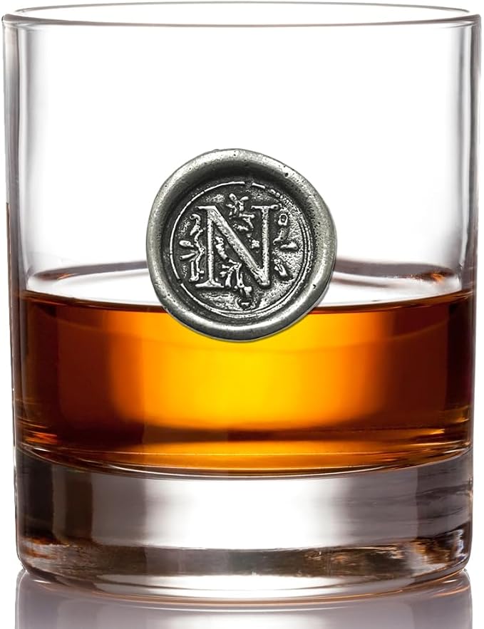 English Pewter Company 11oz Old Fashioned Whiskey Rocks Glass With Monogram Initial - Unique Gifts For Men - Personalized Gifts With Your Choice of Initial (R) MON118 - N