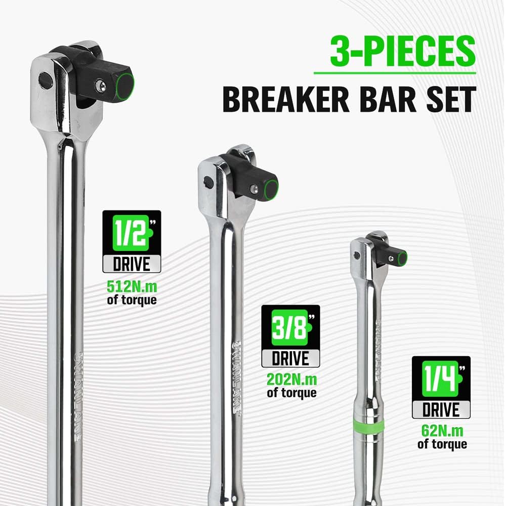 SWANLAKE GARDEN TOOLS 6-Piece Premium Breaker Bar Set, 1/4", 3/8" & 1/2" Drive, Heavy Duty Breaker Bars, 6-inch, 10-inch, 15-inch Length with 180° Rotatable Head