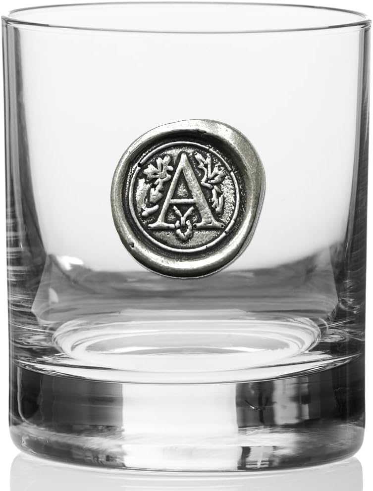 English Pewter Company 11oz Old Fashioned Whiskey Rocks Glass With Monogram Initial - Unique Gifts For Men - Personalized Gifts With Your Choice of Initial (A) MON101