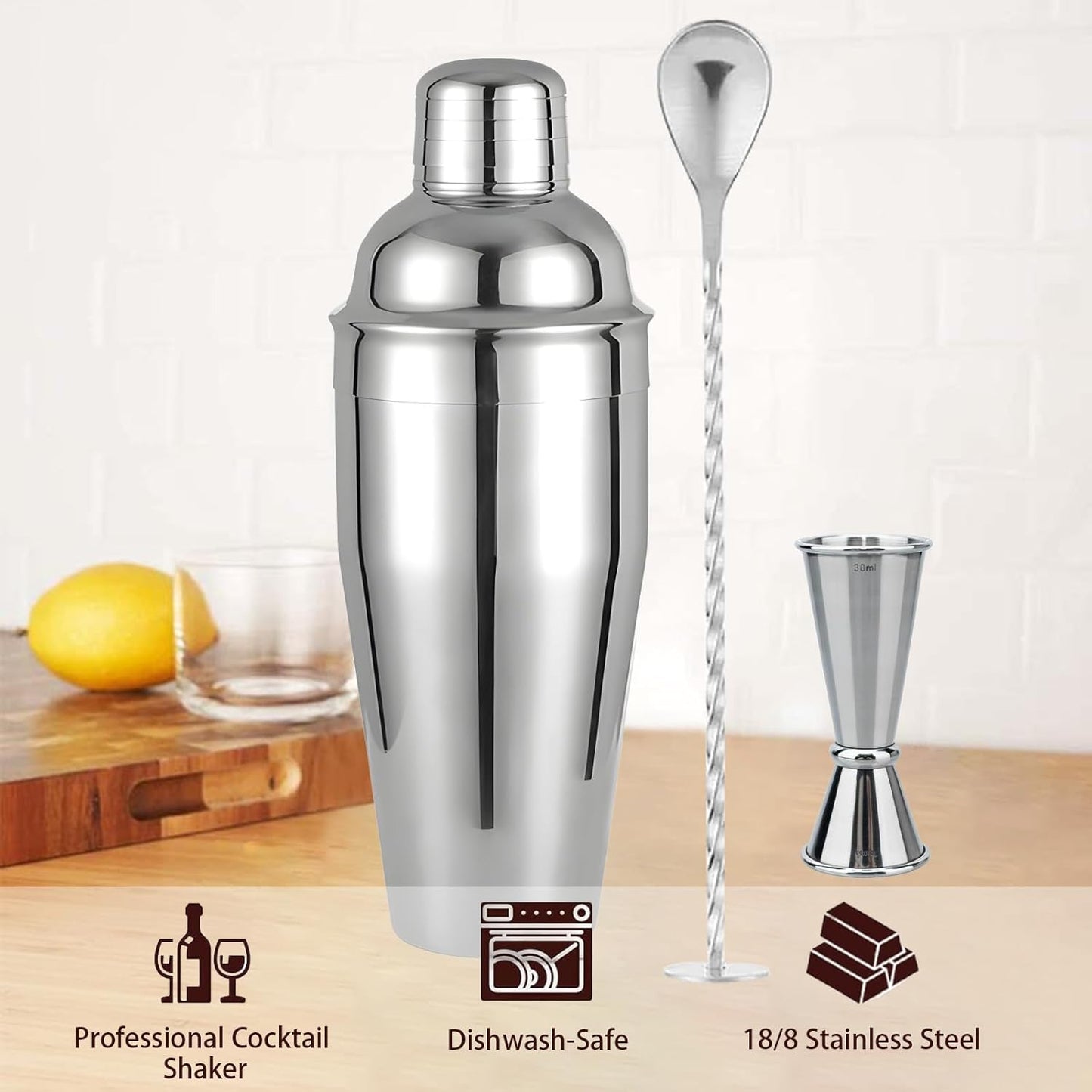 Cocktail Shaker, 24 oz Martini Shaker, Drink Shaker Built-in Strainer, Professional Drink Mixer Set for Beginners, with Measuring Cup and Stirring Spoon, Silver