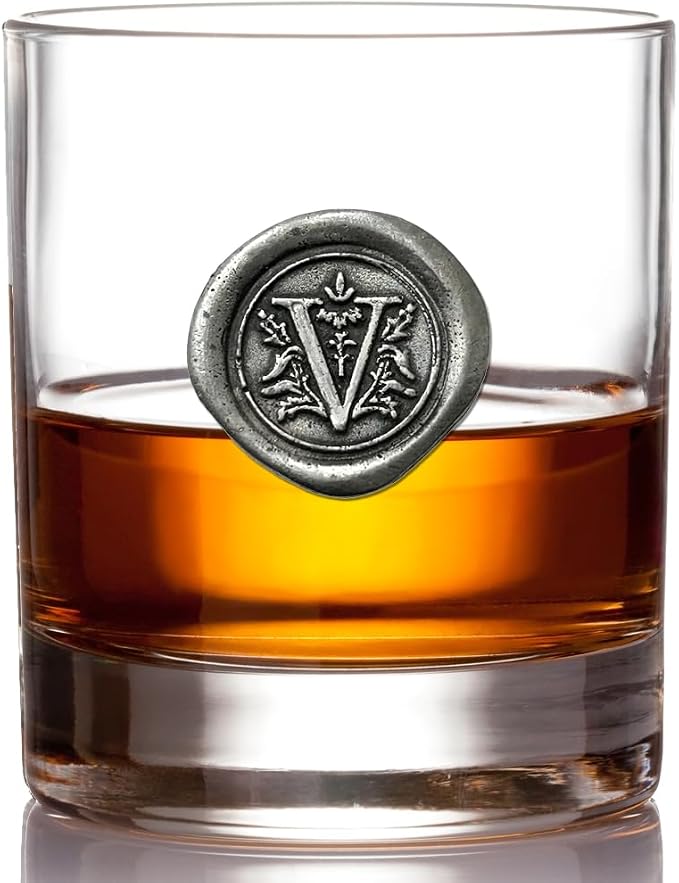 English Pewter Company 11oz Old Fashioned Whiskey Rocks Glass With Monogram Initial - Unique Gifts For Men - Personalized Gifts With Your Choice of Initial (R) MON118 - V