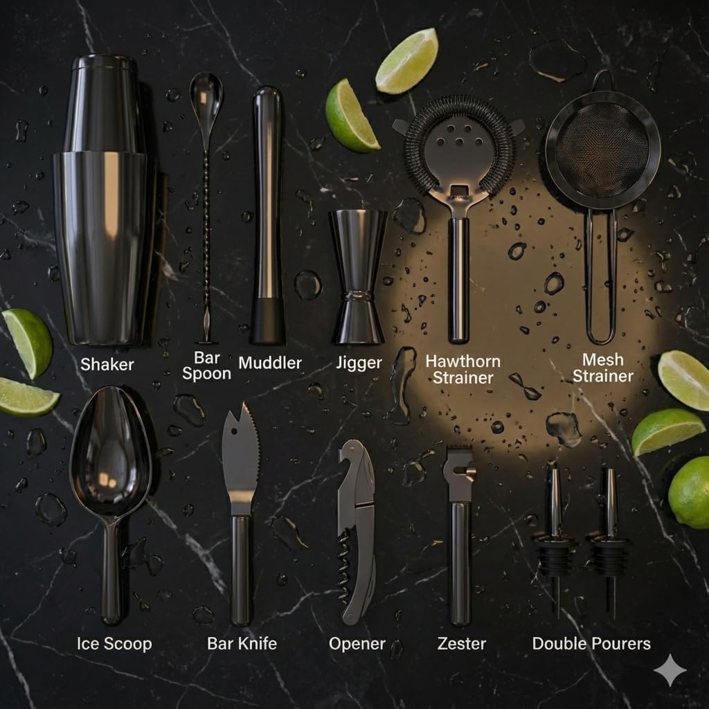 Highball & Chaser 13-Piece Gunmetal Black Stainless Steel Boston Cocktail Shaker Bar Tool Set with Mixology Bartender Kit Accessories