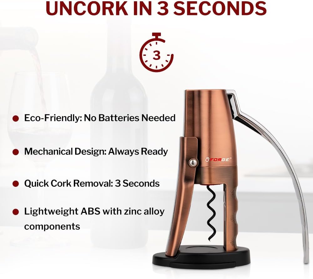 Forge Quality Compact Vertical Lever Corkscrew Wine Opener with Foil Cutter. 3 Seconds to Open a Bottle of Wine. Metallic Bronze