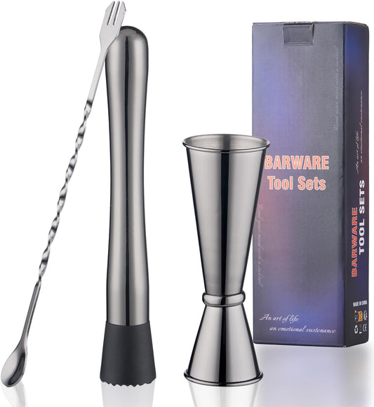 8 Inches Stainless Steel Muddler for Cocktails, Matching Jigger and Bar Spoon with Cocktail Muddler - 3 Pcs Drink Muddler for Cocktails