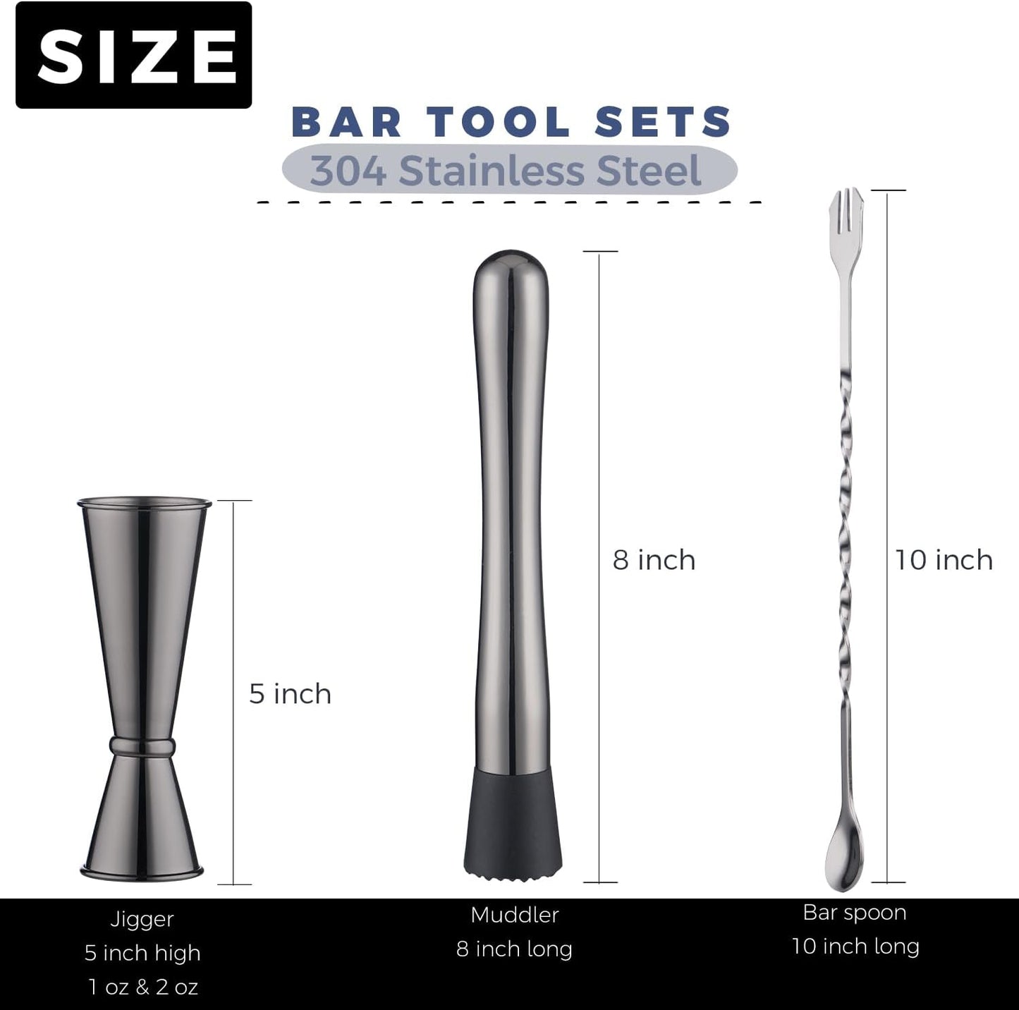 8 Inches Stainless Steel Muddler for Cocktails, Matching Jigger and Bar Spoon with Cocktail Muddler - 3 Pcs Drink Muddler for Cocktails