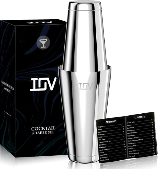 IOV Boston Cocktail Shaker Set, 18oz & 28oz Stainless Steel Weighted Shaker Tins, Metal Martini Drink Mixer for Bartending, Professional Bar Tools with Cocktail Recipe Guide - Boston-Silver