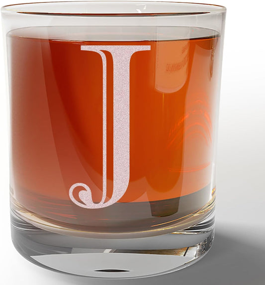Etched Monogram 11oz Whiskey Rocks Glass (Letter J), A-Z Customized Bourbon Gifts for Men, Father’s Day, Personalized Old Fashioned Scotch Glass, Custom Engraved Gifts for Him, Initial, Name