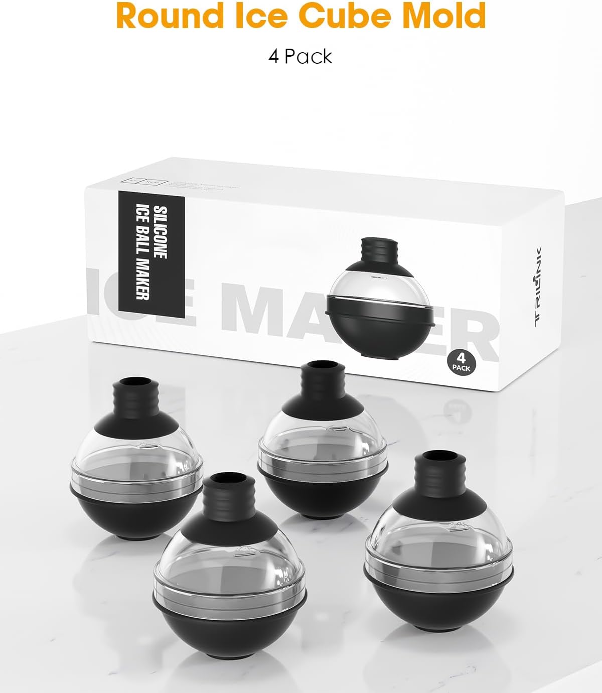 Large Round Ice Ball Maker Mold Silicone for Whiskey - Set of 4 with 2-in-1 Funnel Lid - 2.4 Inch Big Sphere Ice Mold for Cocktails Bourbon - Easy Release - Perfectly Round Ice Cube Tray