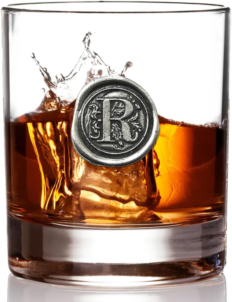 English Pewter Company 11oz Old Fashioned Whiskey Rocks Glass With Monogram Initial - Unique Gifts For Men - Personalized Gifts With Your Choice of Initial (R) MON118