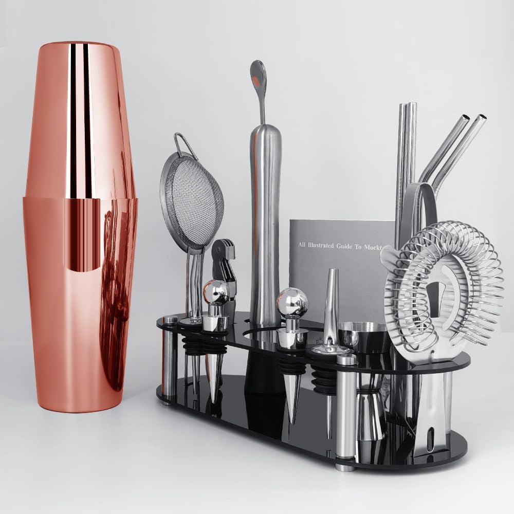 Cocktail Shaker Set Bartender Kit with Stand - 16 Piece Bar Tool Set Drink Mixer Set Includes : Shakers, Jigger, Strainer, Mixer Spoon, Muddler, Liquor Pourers, Straw (Rose Gold-25/20oz)