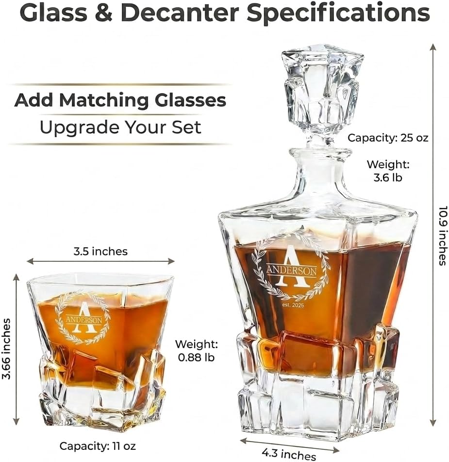 Personalized Whiskey Decanter Set with Optional Rocks Glasses – Custom 25 oz / 750ml Bourbon Decanter, 4 Engraving Options, Customized in USA, Valentine's Day, Birthday & Any Occasion Gift for Men