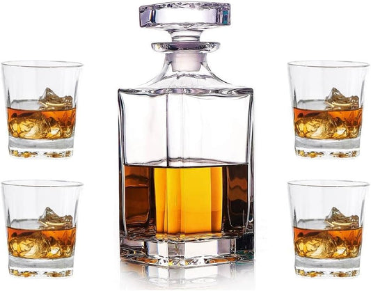 Whiskey Decanter Glasses Set Lead-Free Crystal Glass Scotch Tasting Cups Wine Bottle for Drinking Irish Whisky Bourbon Tequila tumbler (Square, 1 Decanter & 4 Glasses Set)