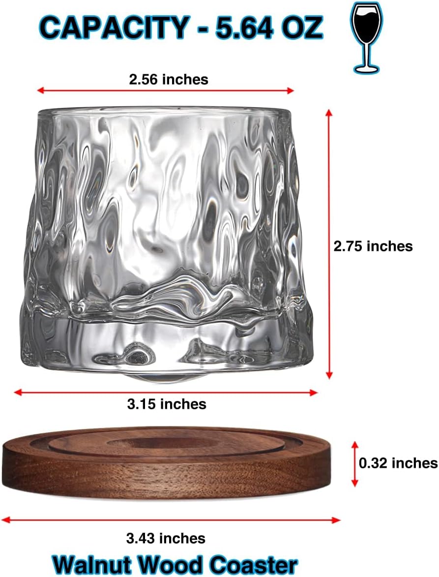 Whiskey Glasses Set of 2, Rotatable Tumbler Crystal Glass Cups, Drinking Glasses with 2Pcs Creative Walnut Coasters and Gift Box - for Scotch,Bourbon,Cocktails