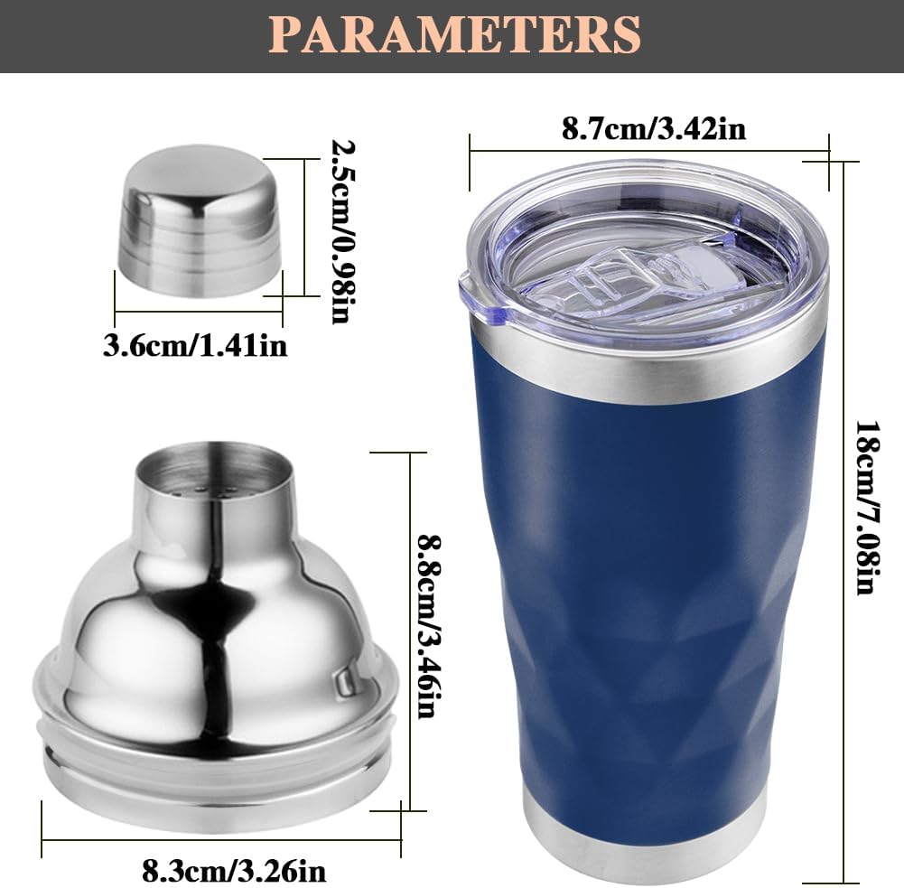 Insulated Cocktail Shaker Blue -20oz Double Wall Vacuum Stainless Steel Martini Shaker with Built-in Strainer, Pro Leak-Proof Weighted Shaker for Home Bar, Premium Bar Gift Set